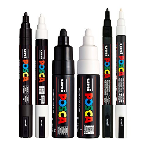 POSCA schwarze und weiße Marker, Set mit 6 Stiften (PC-5M, PC-7M, PC-3M) von POSCA