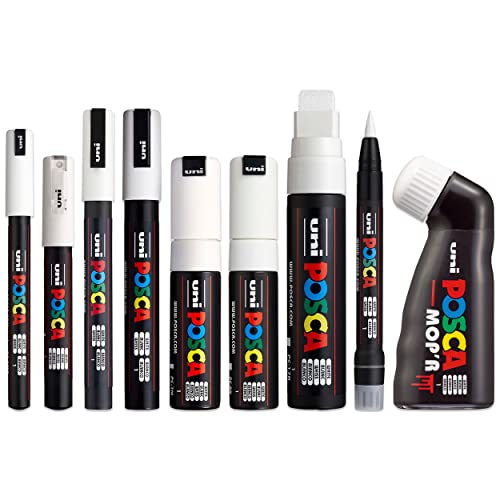 Posca - Komplettes Set mit 9 Stiften – MOP'R, PCF-350, PC-17K, PC-8K, PC-7M, PC-5M, PC-3M, PC-1M, PC-1MR – weißes Set von POSCA