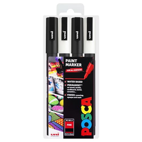 Posca PC-3M Art Paint Marker - 4er Set - in Kunststoffhülle - Mono-Set - 2x Schwarz, 2x Weiß von POSCA