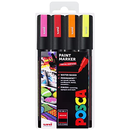 Posca PC-5M Marker, farbig und Fluoreszierend, in Etui, 4 Stück von POSCA