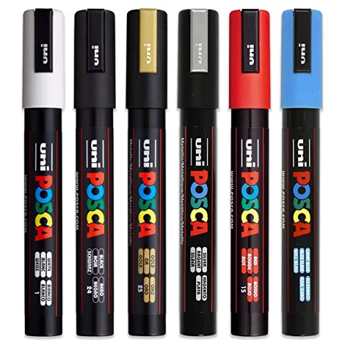 Posca PC-5M Lackstift Art Marker Stifte – Stoff Glas Metall Stifte – Set von 6 beliebtesten Farben von POSCA