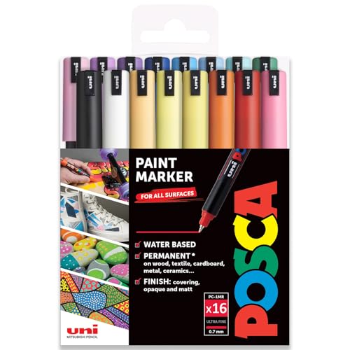 Posca Permanent-Marker auf Wasserbasis, für verschiedene Oberflächen, 0,7 mm, ultrafein, Starter-Set mit 16 Stück in Geschenktasche Posca Permanent-Marker auf Wasserbasis, für verschiedene Oberflächen, 0,7 mm, ultrafein, Starter-Set mit 16 Stück in Geschenktasche von POSCA