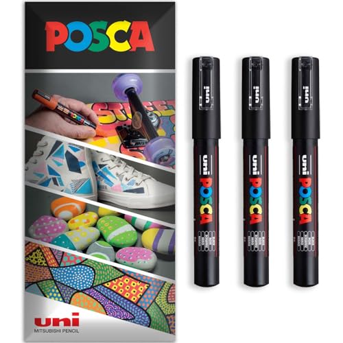 Posca Permanent-Marker auf Wasserbasis, für verschiedene Oberflächen, PC-1M, Packung mit 3 Stiften in Brieftasche, Schwarz Posca Permanent-Marker auf Wasserbasis, für verschiedene Oberflächen, PC-1M, Packung mit 3 Stiften in Brieftasche, Schwarz von POSCA