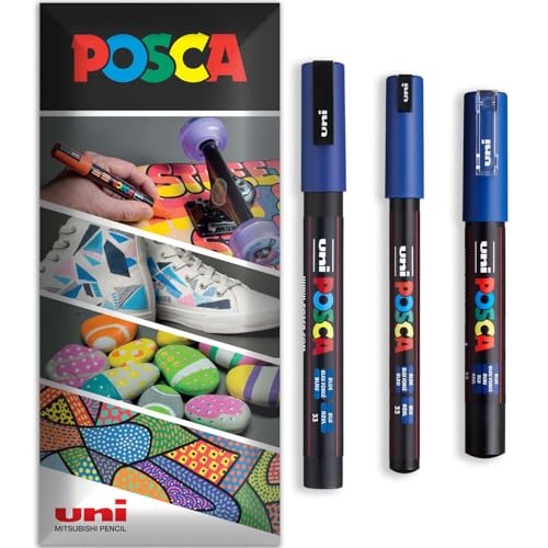 Posca Permanent-Marker auf Wasserbasis, für verschiedene Oberflächen, PC-1MR, PC-1M, PC-3M, Packung mit 3 Stiften in Brieftasche, Blau Posca Permanent-Marker auf Wasserbasis, für verschiedene Oberflächen, PC-1MR, PC-1M, PC-3M, Packung mit 3 Stiften in Brieftasche, Blau von POSCA