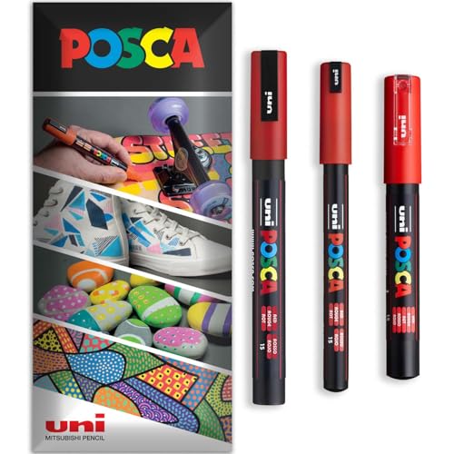 Posca Permanent-Marker auf Wasserbasis, für verschiedene Oberflächen, PC-1MR, PC-1M, PC-3M, Packung mit 3 Stiften in Brieftasche, Rot Posca Permanent-Marker auf Wasserbasis, für verschiedene Oberflächen, PC-1MR, PC-1M, PC-3M, Packung mit 3 Stiften in Brieftasche, Rot von POSCA