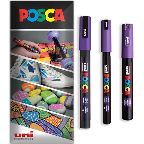 Posca Permanent-Marker auf Wasserbasis, für verschiedene Oberflächen, PC-1MR, PC-1M, PC-3M, Packung mit 3 Stiften in Brieftasche, Violett Posca Permanent-Marker auf Wasserbasis, für verschiedene Oberflächen, PC-1MR, PC-1M, PC-3M, Packung mit 3 Stiften in Brieftasche, Violett von POSCA
