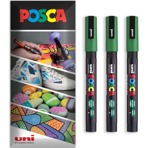 Posca Permanent-Marker auf Wasserbasis, für verschiedene Oberflächen, PC-3M, Packung mit 3 Stiften in Brieftasche, Grün Posca Permanent-Marker auf Wasserbasis, für verschiedene Oberflächen, PC-3M, Packung mit 3 Stiften in Brieftasche, Grün von POSCA
