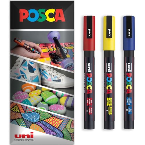 Posca Permanent-Marker auf Wasserbasis, für verschiedene Oberflächen, PC-3M, Packung mit 3 Stiften in Brieftasche, Rot, Gelb, Blau Posca Permanent-Marker auf Wasserbasis, für verschiedene Oberflächen, PC-3M, Packung mit 3 Stiften in Brieftasche, Rot, Gelb, Blau von POSCA