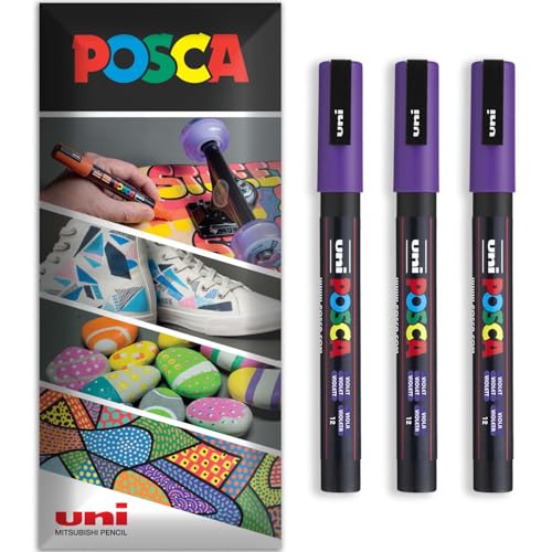 Posca Permanent-Marker auf Wasserbasis, für verschiedene Oberflächen, PC-3M, Packung mit 3 Stiften in Brieftasche, Violett Posca Permanent-Marker auf Wasserbasis, für verschiedene Oberflächen, PC-3M, Packung mit 3 Stiften in Brieftasche, Violett von POSCA