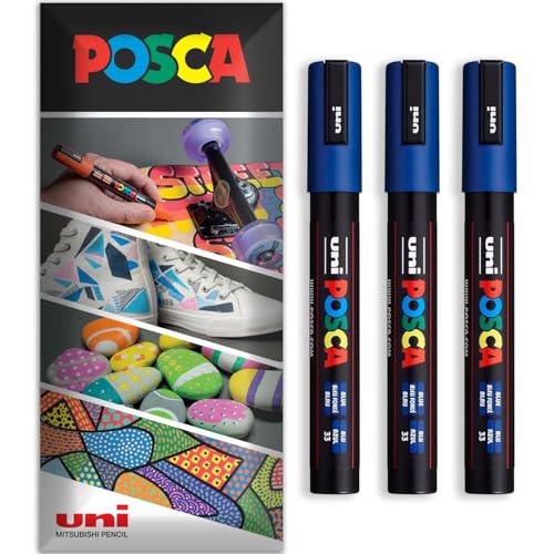 Posca Permanent-Marker auf Wasserbasis, für verschiedene Oberflächen, PC-5M, Packung mit 3 Stiften in Brieftasche, Blau Posca Permanent-Marker auf Wasserbasis, für verschiedene Oberflächen, PC-5M, Packung mit 3 Stiften in Brieftasche, Blau von POSCA