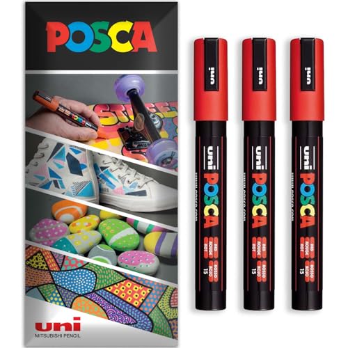 Posca Permanent-Marker auf Wasserbasis, für verschiedene Oberflächen, PC-5M, Packung mit 3 Stiften in Brieftasche, Rot Posca Permanent-Marker auf Wasserbasis, für verschiedene Oberflächen, PC-5M, Packung mit 3 Stiften in Brieftasche, Rot von POSCA