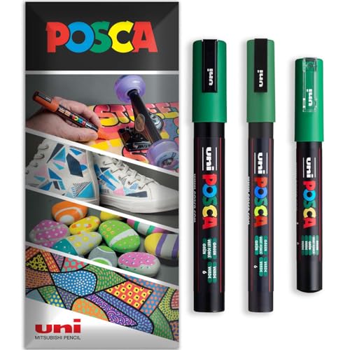 Posca Permanent-Marker auf Wasserbasis, verschiedene Oberflächen, PC-1M, PC-3M, PC-5M, Packung mit 3 Stiften in Brieftasche, Grün von POSCA