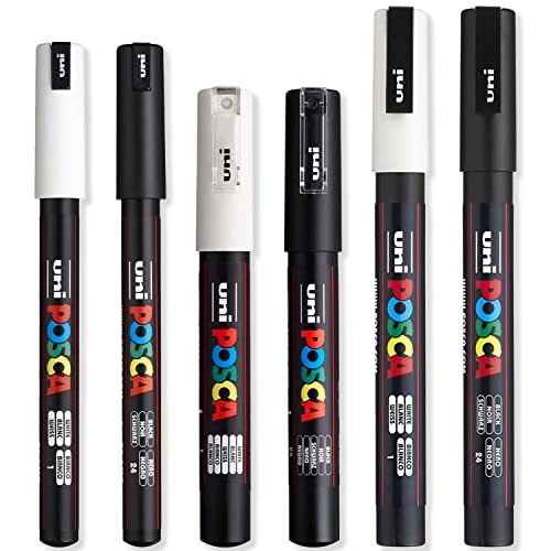 Posca Permanent-Marker auf Wasserbasis, verschiedene Oberflächen, PC-1MR, PC-1M und PC-3M, ultrafein bis fein, Schwarz und Weiß, 6 Stück Posca Permanent-Marker auf Wasserbasis, verschiedene Oberflächen, PC-1MR, PC-1M und PC-3M, ultrafein bis fein, Schwarz und Weiß, 6 Stück von POSCA