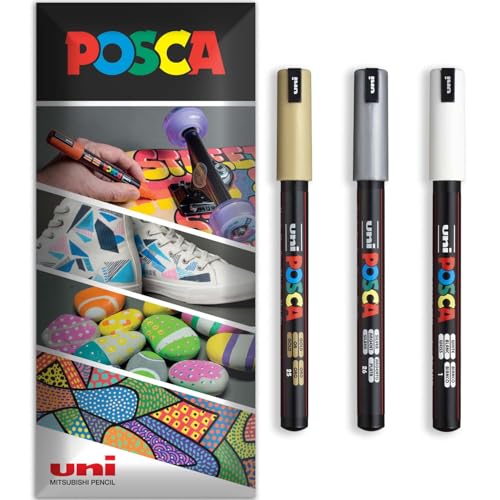 Posca Permanent-Marker auf Wasserbasis, für verschiedene Oberflächen, PC-1MR, Packung mit 3 Stiften in Etui (Gold, Weiß, Silber) Posca Permanent-Marker auf Wasserbasis, für verschiedene Oberflächen, PC-1MR, Packung mit 3 Stiften in Etui (Gold, Weiß, Silber) von POSCA