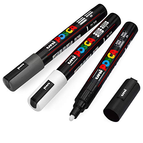 Posca Uni-Ball PC-5M Paint Marker Art Pens – 1,8 – 2,5 mm – Schwarz, Weiß, Tiefgrau – 3 Stück von POSCA