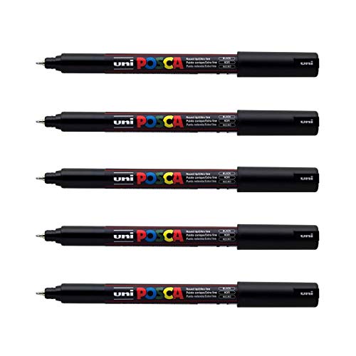 Posca Uni Mitsubishi Pencil - 5 Marker Posca schwarz PC1MR - Posca extra feine Spitze kalibriert 0,7 mm - Marker auf Wasserbasis - für Papier, Textilien, Glas, Kieselsteine etc. von POSCA