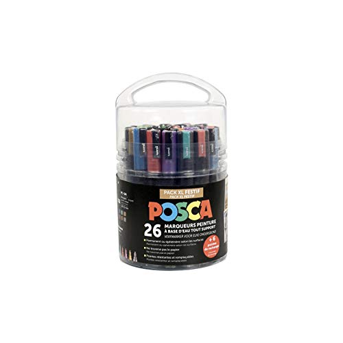 POSCA - Uni Mitsubishi Pencil – Topf Posca speziell für kreative Freizeit – Packung XL – 26 Marker – 2 Größen von Spitzen PC3M und PC5M – 6 Ersatzspitzen inklusive, metallic und glitzernd von POSCA