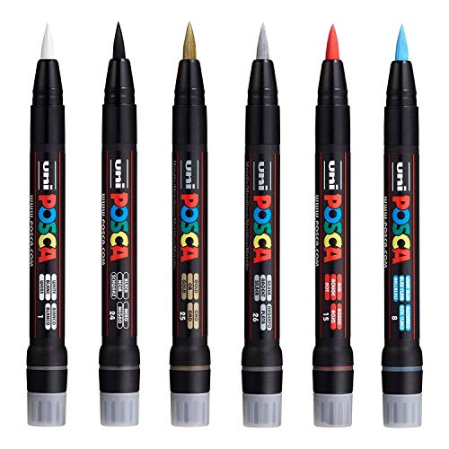 Posca Uni PCF-350 Pinselspitzen-Marker, Kunststift, Stoff-, Glas-, Metallstift, die 6 beliebtesten Farben von POSCA