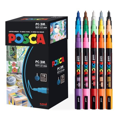 Posca Uniball Uni 15-teiliges Pinselspitzen-Marker-Set sortiert auf Pigmenttinte auf Wasserbasis, feine Kegelspitze von POSCA