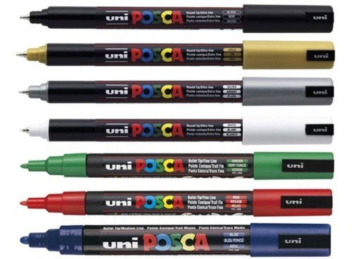 Uni-Ball Lack-Marker POSCA 7er Pack. Gemischte Farben und Größen. Blau, Grün, Rot, Schwarz, Weiß, Silber Gold von POSCA