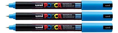 Uni Posca 1MR Marker, hellblaue Farbe, für Stoff, ultra-feine Spitze 0,7 mm, 3 Stück von POSCA