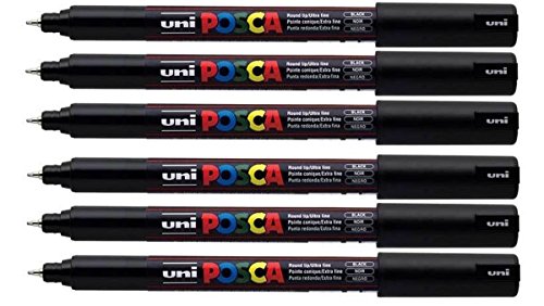 Uni Posca 1MR schwarz Paint Marker Pen Stoff Metall Glas Ultra Fine 0,7 mm Feder, schwarz, 6 Stück von POSCA