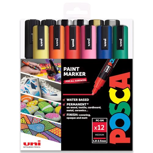 POSCA Uni PC-5M Paint Pen Art Marker-Stift, professionelles Set mit 12 Stiften, extra schwarz und weiß von POSCA