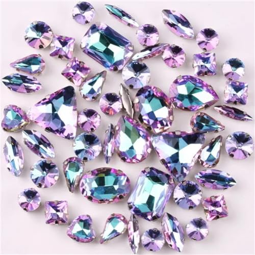 Strass-Glaskristalle for Aufnähen, 50 Stück/Beutel, silberne Kralle, Strass-Formen for Aufnähen, Mix aus Glaskristallen, Applikation for Hochzeitskleider (A8 Smaragd-Regenbogen)(A13 Violet Rainbow) von POTUBI
