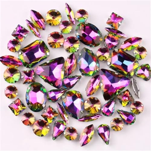 Strass-Glaskristalle for Aufnähen, 50 Stück/Beutel, silberne Kralle, Strass-Formen for Aufnähen, Mix aus Glaskristallen, Applikation for Hochzeitskleider (A8 Smaragd-Regenbogen)(A16 Flame rainbow) von POTUBI