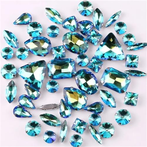 Strass-Glaskristalle for Aufnähen, 50 Stück/Beutel, silberne Kralle, Strass-Formen for Aufnähen, Mix aus Glaskristallen, Applikation for Hochzeitskleider (A8 Smaragd-Regenbogen)(A3 Lt Sapphire Rb) von POTUBI