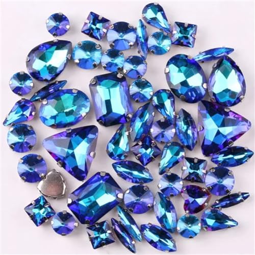 Strass-Glaskristalle for Aufnähen, 50 Stück/Beutel, silberne Kralle, Strass-Formen for Aufnähen, Mix aus Glaskristallen, Applikation for Hochzeitskleider (A8 Smaragd-Regenbogen)(A4 Sapphire rainbow) von POTUBI