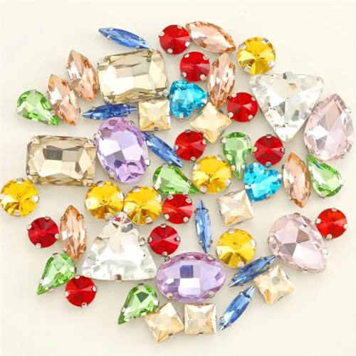 Strass-Glaskristalle for Aufnähen, 50 Stück/Beutel, silberne Kralle, Strass-Formen for Aufnähen, Mix aus Glaskristallen, Applikation for Hochzeitskleider (A8 Smaragd-Regenbogen)(A40 Light colors mix) von POTUBI