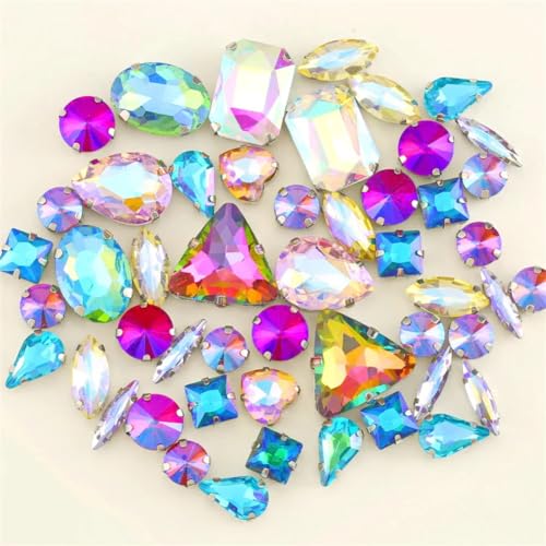Strass-Glaskristalle for Aufnähen, 50 Stück/Beutel, silberne Kralle, Strass-Formen for Aufnähen, Mix aus Glaskristallen, Applikation for Hochzeitskleider (A8 Smaragd-Regenbogen)(A42 Ab Colors Mix) von POTUBI