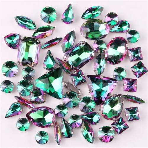 Strass-Glaskristalle for Aufnähen, 50 Stück/Beutel, silberne Kralle, Strass-Formen for Aufnähen, Mix aus Glaskristallen, Applikation for Hochzeitskleider (A8 Smaragd-Regenbogen)(A8 Emerald Rainbow) von POTUBI