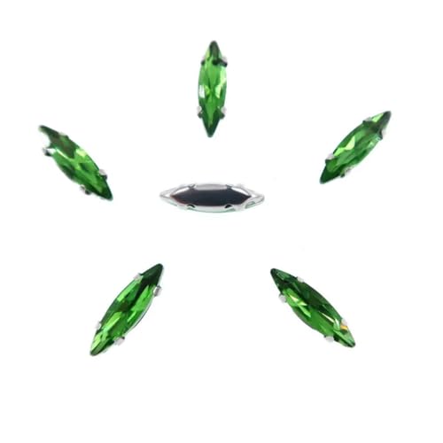 Strass-Glaskristalle for Aufnähen, 50 Stück/Beutel, silberne Kralle, Strasssteine for Aufnähen, 4 x 15 mm, schmale Navette-Form, Glaskristall (A27 Weiß AB)(A10 Olivine) von POTUBI
