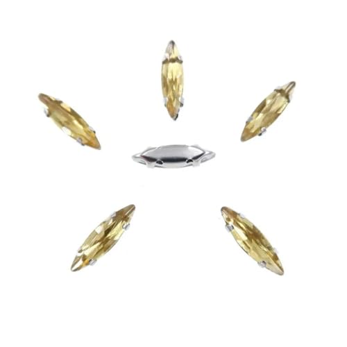 Strass-Glaskristalle for Aufnähen, 50 Stück/Beutel, silberne Kralle, Strasssteine for Aufnähen, 4 x 15 mm, schmale Navette-Form, Glaskristall (A27 Weiß AB)(A14 Topaz) von POTUBI