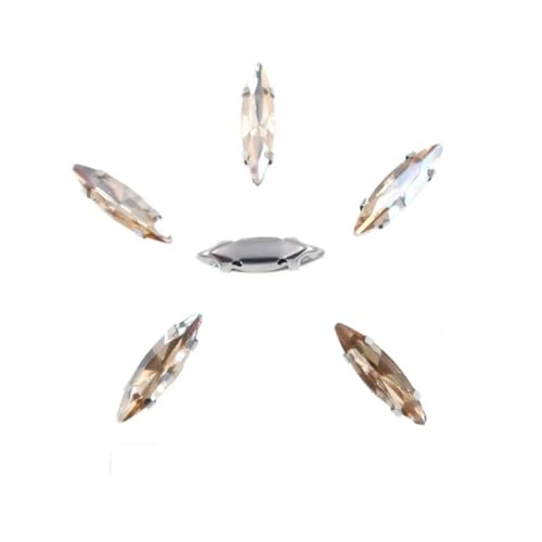 Strass-Glaskristalle for Aufnähen, 50 Stück/Beutel, silberne Kralle, Strasssteine for Aufnähen, 4 x 15 mm, schmale Navette-Form, Glaskristall (A27 Weiß AB)(A16 Champagne Gold) von POTUBI