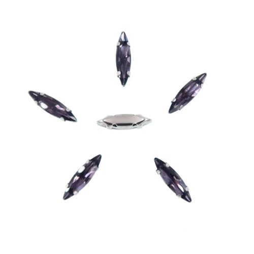 Strass-Glaskristalle for Aufnähen, 50 Stück/Beutel, silberne Kralle, Strasssteine for Aufnähen, 4 x 15 mm, schmale Navette-Form, Glaskristall (A27 Weiß AB)(A18 Amethyst) von POTUBI