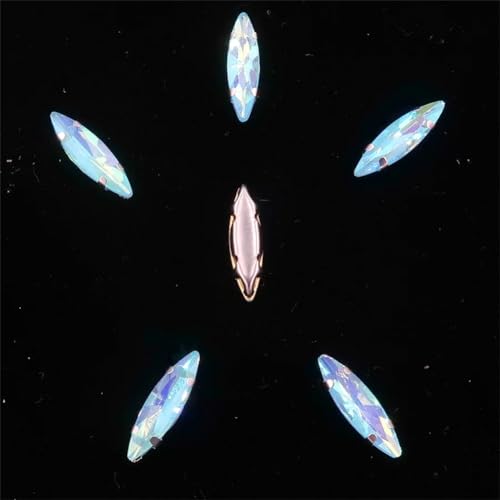 Strass-Glaskristalle for Aufnähen, 50 Stück/Beutel, silberne Kralle, Strasssteine for Aufnähen, 4 x 15 mm, schmale Navette-Form, Glaskristall (A27 Weiß AB)(A28 Aquamarine AB) von POTUBI