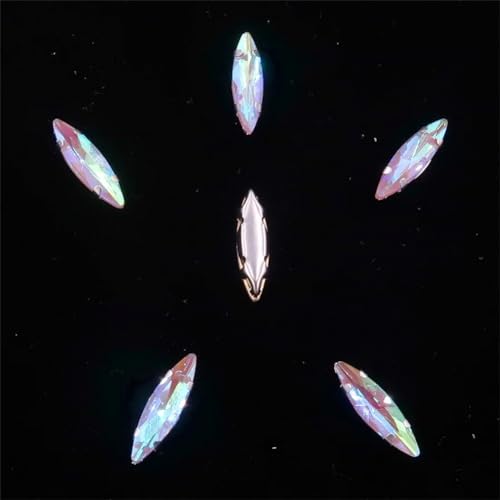 Strass-Glaskristalle for Aufnähen, 50 Stück/Beutel, silberne Kralle, Strasssteine for Aufnähen, 4 x 15 mm, schmale Navette-Form, Glaskristall (A27 Weiß AB)(A35 Lt topaz AB) von POTUBI