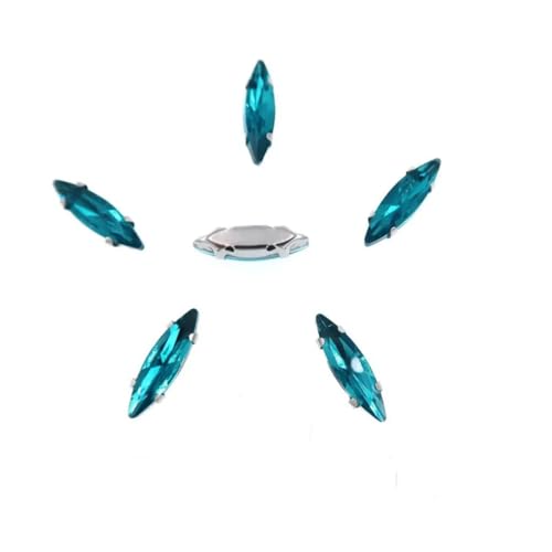 Strass-Glaskristalle for Aufnähen, 50 Stück/Beutel, silberne Kralle, Strasssteine for Aufnähen, 4 x 15 mm, schmale Navette-Form, Glaskristall (A27 Weiß AB)(A5 Blue Zircan) von POTUBI
