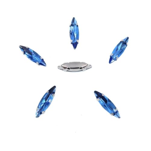 Strass-Glaskristalle for Aufnähen, 50 Stück/Beutel, silberne Kralle, Strasssteine for Aufnähen, 4 x 15 mm, schmale Navette-Form, Glaskristall (A27 Weiß AB)(A6 Lt Sapphire) von POTUBI