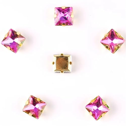 Strass-Glaskristalle for Aufnähen, 50 Stück/Packung, 8 mm quadratische Glaskristall-Goldklaue, Strass-Kristall-Applikation for Aufnähen (8 mm, 50 Stück, A31 Rot AB)(8mm 50pcs A16 Fuchsia RB) von POTUBI