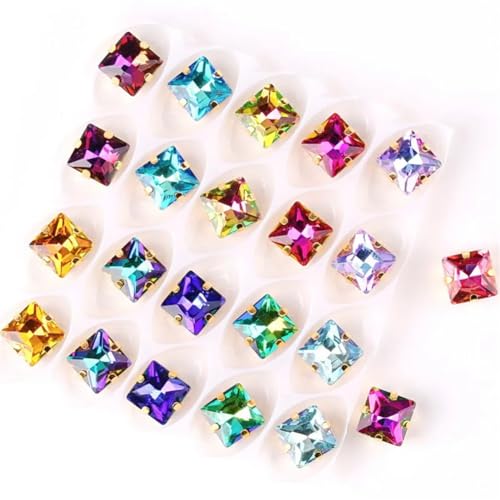 Strass-Glaskristalle for Aufnähen, 50 Stück/Packung, 8 mm quadratische Glaskristall-Goldklaue, Strass-Kristall-Applikation for Aufnähen (8 mm, 50 Stück, A31 Rot AB)(8mm 50pcs A17 Rainbow mix) von POTUBI