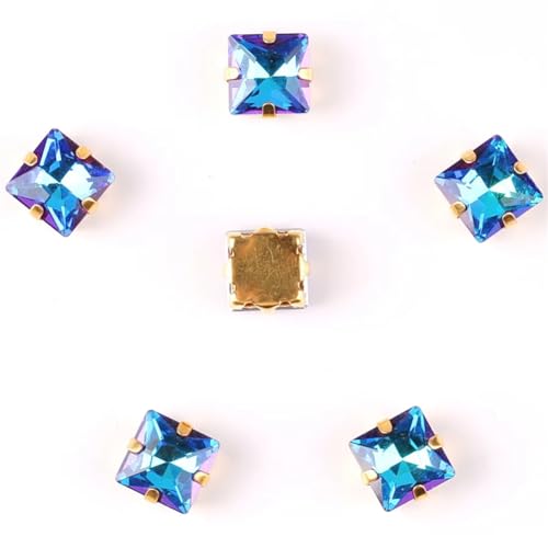Strass-Glaskristalle for Aufnähen, 50 Stück/Packung, 8 mm quadratische Glaskristall-Goldklaue, Strass-Kristall-Applikation for Aufnähen (8 mm, 50 Stück, A31 Rot AB)(8mm 50pcs A4 Sapphire RB) von POTUBI