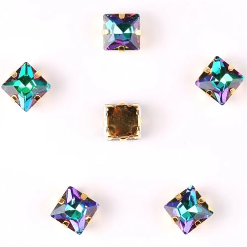 Strass-Glaskristalle for Aufnähen, 50 Stück/Packung, 8 mm quadratische Glaskristall-Goldklaue, Strass-Kristall-Applikation for Aufnähen (8 mm, 50 Stück, A31 Rot AB)(8mm 50pcs A9 Colorful Emerald) von POTUBI