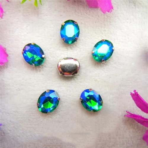 Strass-Glaskristalle for Aufnähen, AB-Farben, silberne Kralle, Strass-Perlen for Aufnähen, ovale Form, Glaskristall-Kleid-Applikation (6 x 8 mm, 50 Stück, A8 Saphir AB)(13x18mm 20pcs A6 Emerald AB) von POTUBI