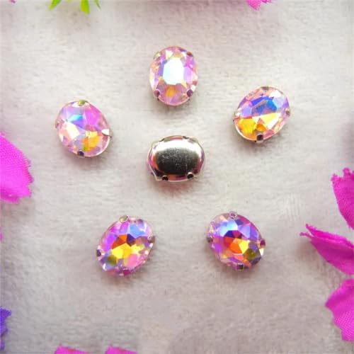 Strass-Glaskristalle for Aufnähen, AB-Farben, silberne Kralle, Strass-Perlen for Aufnähen, ovale Form, Glaskristall-Kleid-Applikation (6 x 8 mm, 50 Stück, A8 Saphir AB)(8x10mm 50pcs A9 Pink AB) von POTUBI