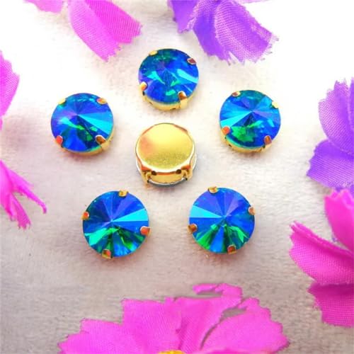 Strass-Glaskristalle for Aufnähen, Rivoli, runde Form, Glaskristall, AB-Farben, Goldkralle, Strass-Perlen for Aufnähen, DIY-Applikation (6 mm, 50 Stück, A7 Violett AB)(14mm 20pcs A8 Emerald AB) von POTUBI