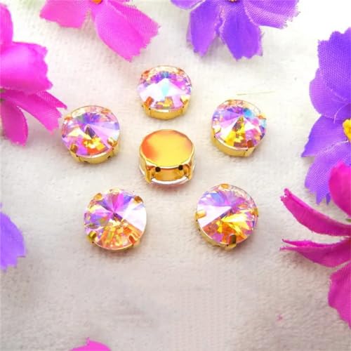 Strass-Glaskristalle for Aufnähen, Rivoli, runde Form, Glaskristall, AB-Farben, Goldkralle, Strass-Perlen for Aufnähen, DIY-Applikation (6 mm, 50 Stück, A7 Violett AB)(16mm 20pcs A2 Pink AB) von POTUBI